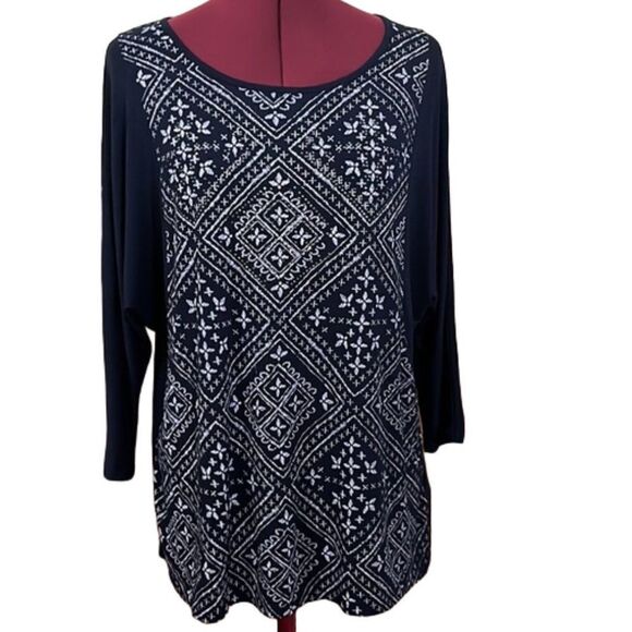 French Blue Petite Navy Scoop Neck Tunic Boho Printed Front 3/4 Sleeve PXL NWOT - Picture 1 of 9